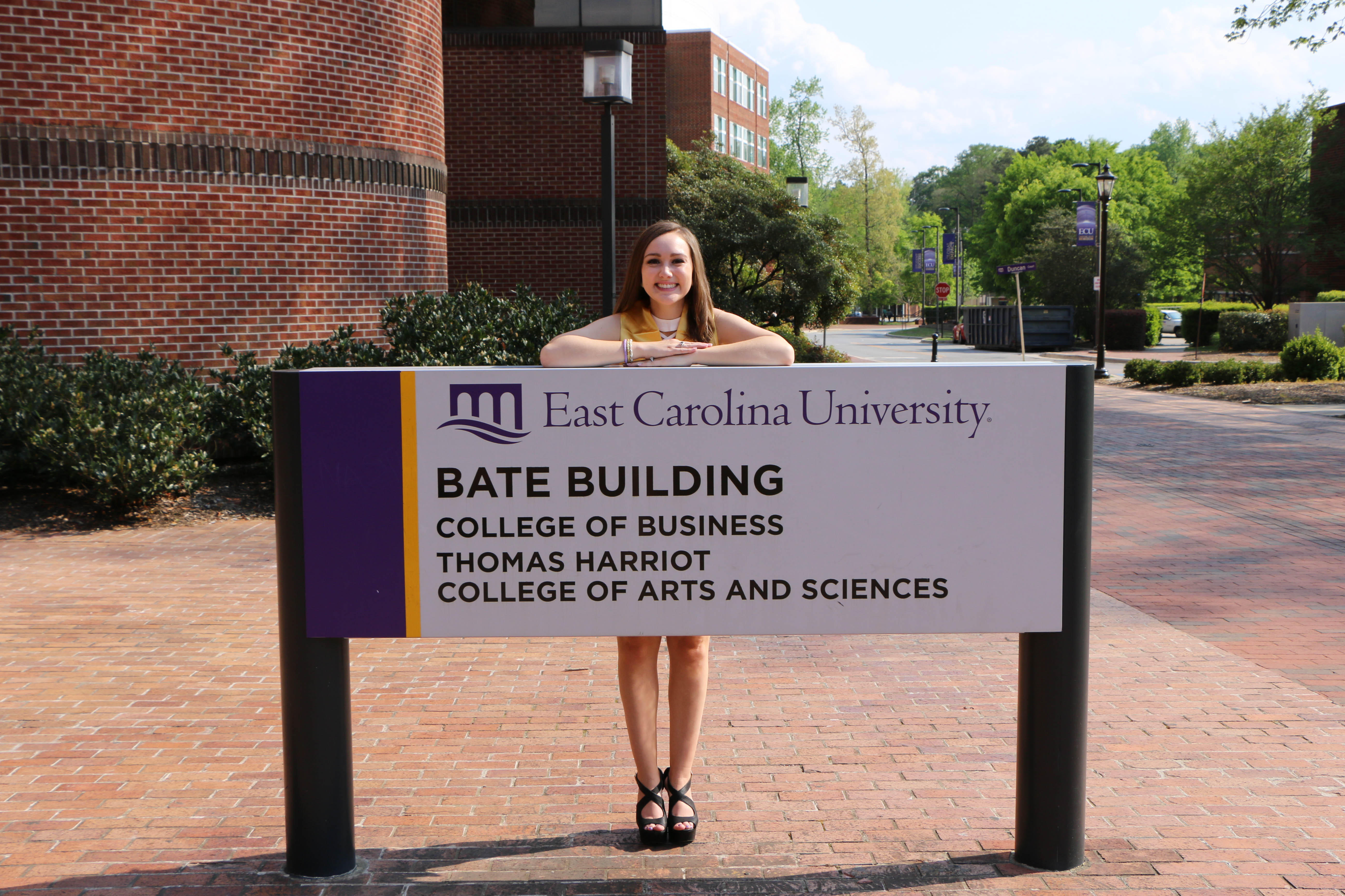 East Carolina University Marketing Graduate, Candace Herrell, at Bate Building, College of Business